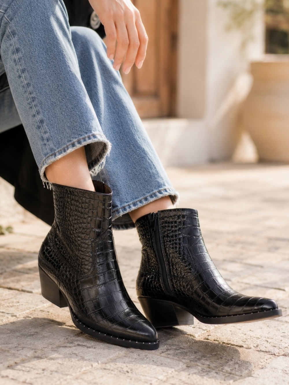 Something Navy Wesley Croc Embossed Leather Cowboy Boots Black 6.5 Nordstrom